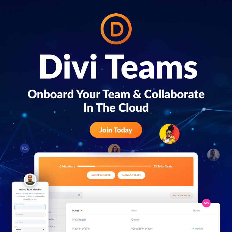 elegantthemes's tweet photo. 🥳 Introducing Divi Teams! Now you can invite team members to be part of your Elegant Themes account. Team members get their own account and access to your Divi services, including Divi Cloud, product downloads, premium support, API keys and more. 

Invite your team today 👇