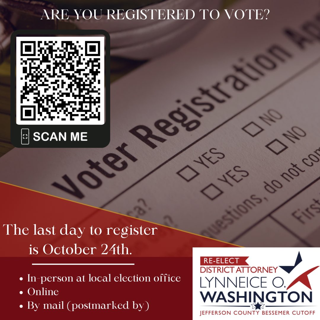 jeffcobessda's tweet photo. Are you registered to vote? The deadline to register is October 24th.

Did you know you can register online, in person and by mail? Scan the QR code to register! 

#DA #JeffersonCounty #Share #electionday #BessemerCutoff #VoteDAWashington #sharethispost #Reelect #Vote  #November8 https://t.co/EGw1Wcvib6