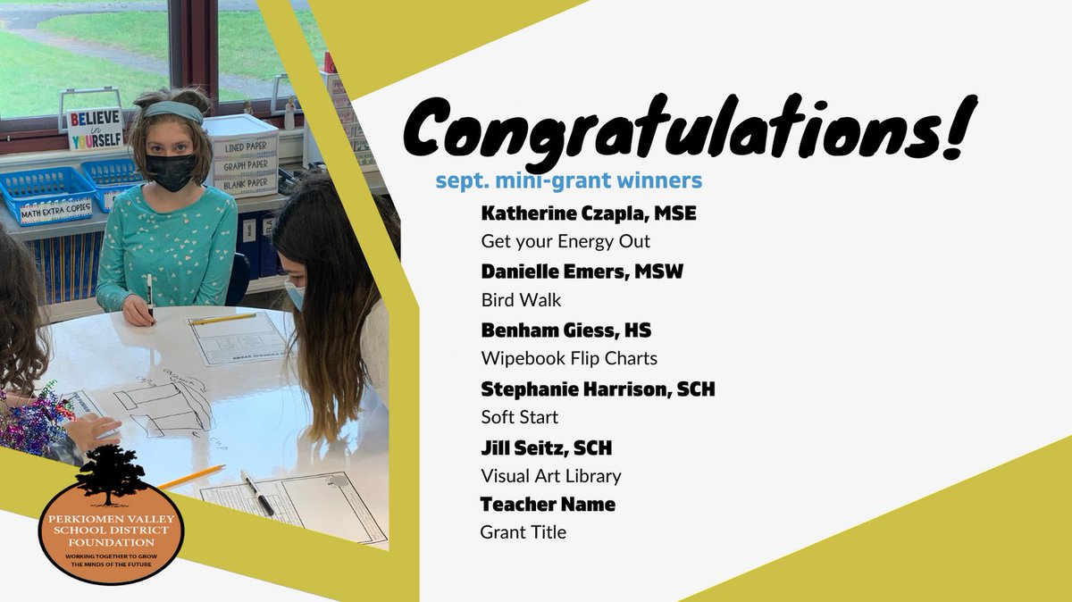 PVSDFoundation's tweet photo. Congrats to our Sept mini-grant winners!
We can’t wait to see these projects come to life and the impact they will have on your students and our community!
@SchwenksvilleES @PVMSEast @PVMS_West @PerkValleyHS
#WhatsUpWednesday #PVSDF #PVSDFGrants #SWvillePride #EastROCKS https://t.co/ubR9iTL7hJ