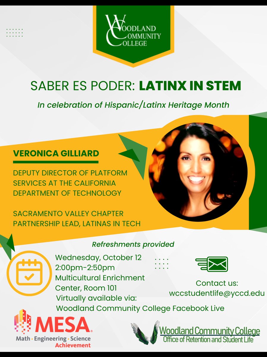 ✨Join us this Wednesday  for our Saber es Poder: Latinx in STEM presentation with guest speaker, Veronica Gilliard. Veronica is the Deputy Director of Platform Services at The California Department of Technology. 🙌🏽🦅