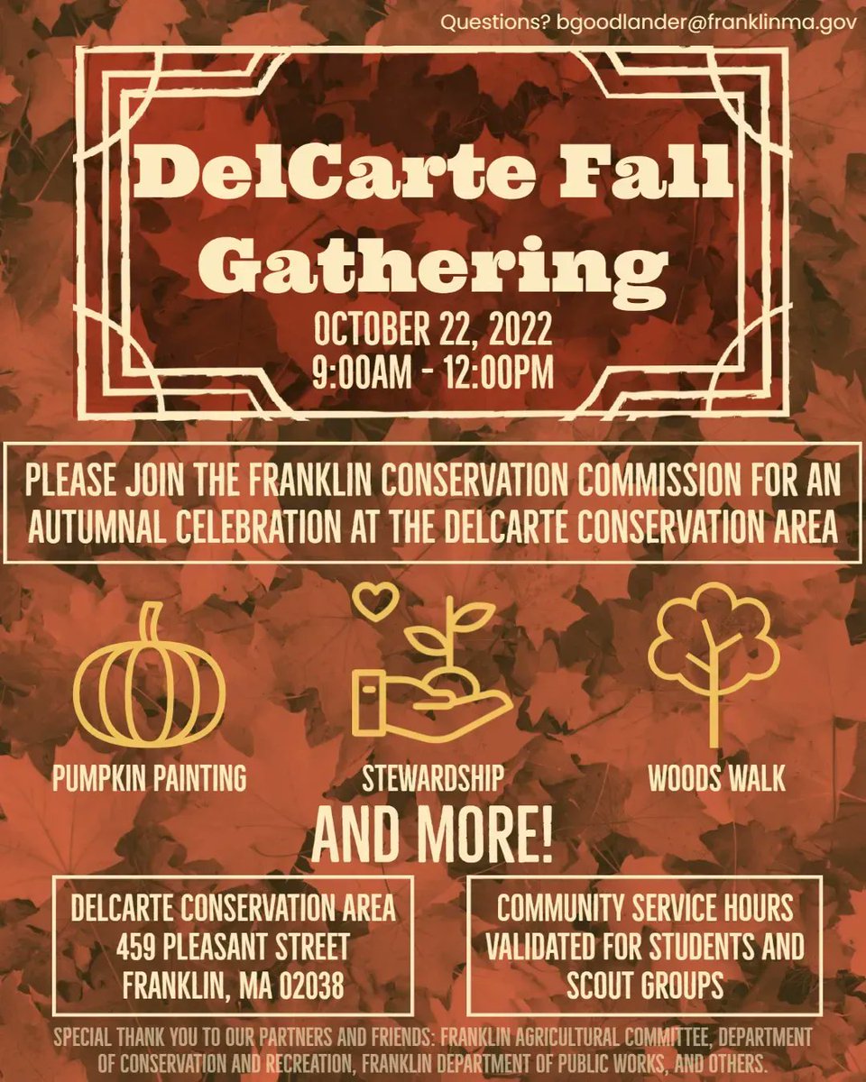 Franklin's Conservation Commission invites you to attend the DelCarte Fall Gathering 10/22 from 9am - 12pm. Activities include pumpkin painting, a Woods Walk, a meet and greet with Soil and Wetland Scientists, and more! buff.ly/3y4fFFj