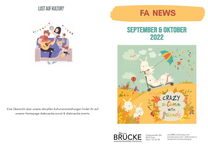 BrueckeGraz's tweet photo. Lust auf Ausflug?
Freizeitprogramm mit Highlights im Oktober!
Anmeldung: office@diebruecke.cc, 0316 67 22 48.
Mehr: https://t.co/B5ZGiIfoYY
#kesselfallklamm #billard #darts #halloweenparty #backwerkstatt #tierpark #preding #kreativwerkstatt #sturm #maroni #asiaspa #leoben https://t.co/vACAiVHhPY