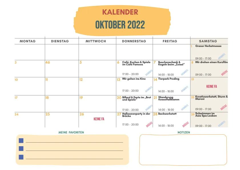BrueckeGraz's tweet photo. Lust auf Ausflug?
Freizeitprogramm mit Highlights im Oktober!
Anmeldung: office@diebruecke.cc, 0316 67 22 48.
Mehr: https://t.co/B5ZGiIfoYY
#kesselfallklamm #billard #darts #halloweenparty #backwerkstatt #tierpark #preding #kreativwerkstatt #sturm #maroni #asiaspa #leoben https://t.co/vACAiVHhPY