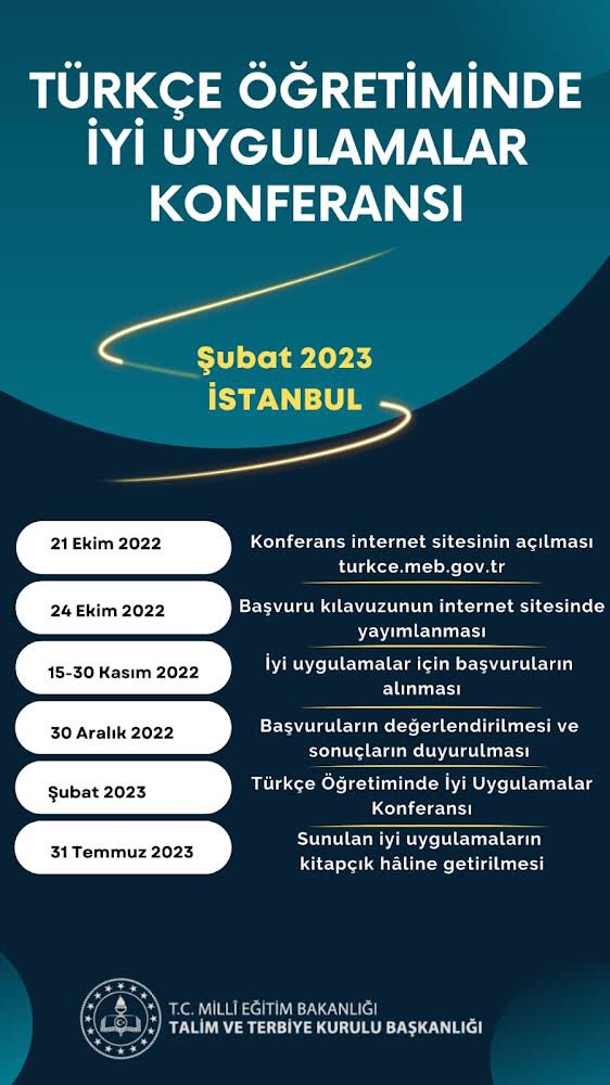 📢🇹🇷 Başkanlığımız tarafından Şubat 2023’te İstanbul’da “Türkçe Öğretiminde İyi Uygulamalar Konferansı” düzenlenecektir.

Konferansın resmî sayfası 🔗👇 
turkce.meb.gov.tr

#Türkçe
#TürkçeÖğretimi
#TürkçeSeferberliği