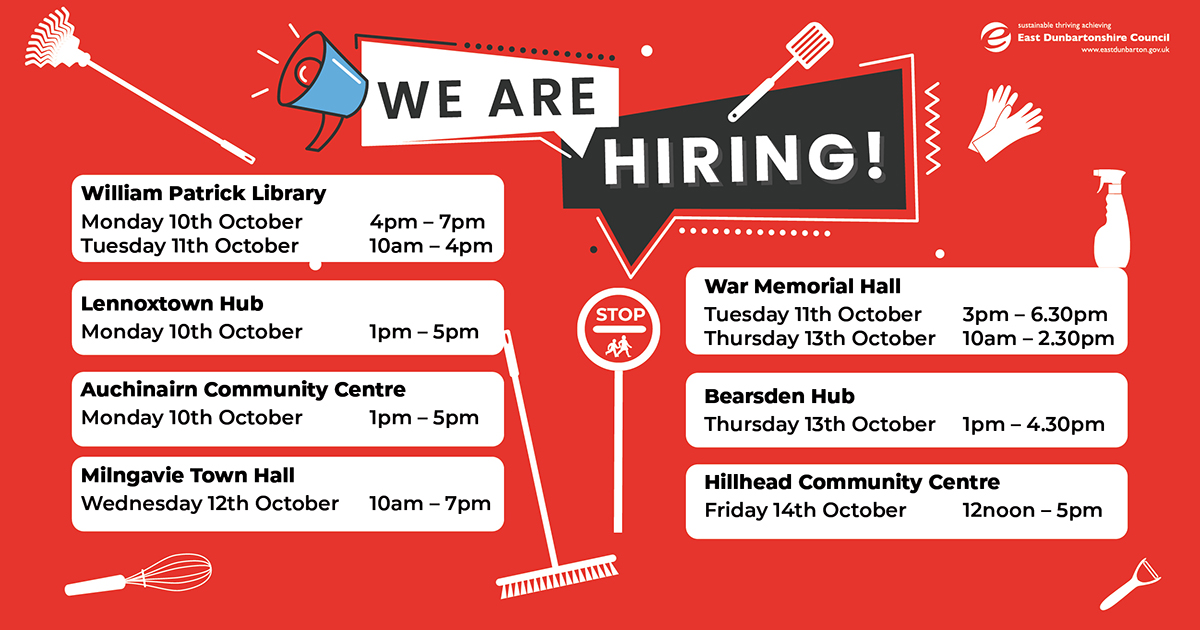 EDCouncil's tweet photo. There's still two days of recruitment events left for people wanting to find out more about jobs in our Facilities Management team. 
War Memorial Hall-Thursday 13 October 10am-2.30pm
Bearsden Hub-Thursday 13 October 1pm-4.30pm
Hillhead Community Centre-Friday 14 October 12pm-5pm https://t.co/LXbkwXhqKx