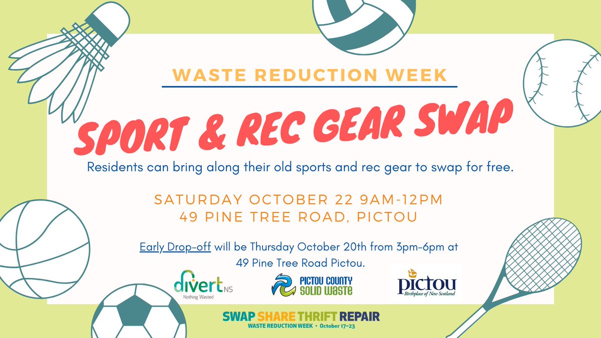 Looking for sports and rec gear? Have gear to trade? Join us for the sport &amp; rec gear swap next Saturday, October 22. 

<a href="/TOWNofPICTOU/">Town of Pictou NS</a>  <a href="/NewGlasgowNS/">Town of New Glasgow</a>  <a href="/OfPictou/">Municipality of Pictou County</a> @StellartonTown <a href="/DivertNS/">Divert NS</a>