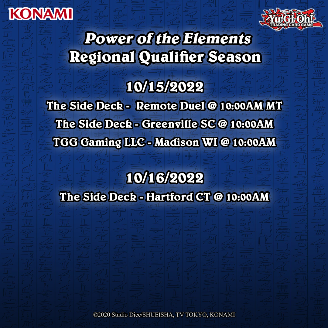 YuGiOh_TCG's tweet photo. The LAST Regional Qualifiers for the Power of the Elements are this weekend!
Join a competitive tournament where Duelists compete for exclusive prizes and earn invites to the World Championship Qualifier of their region!
➡️ https://t.co/T6Zbh3cLYE
#YuGiOhTCG #PoweroftheElements https://t.co/1m2lsSkvgB
