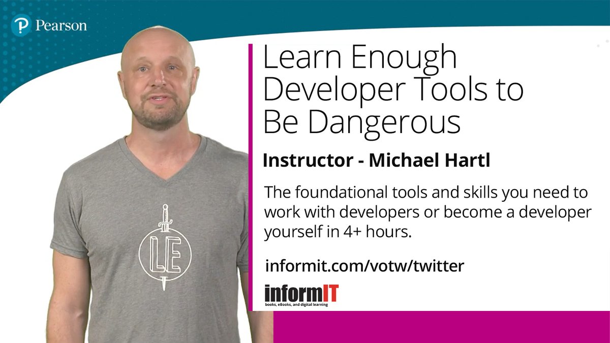 InformIT's tweet image. Video Deal - $89.99. Ends Oct 15. informit.com/votw/twitter
Learn only the what you need to know to be a developer with instructor @mhartl in just over 4 hours! Includes hands-on instruction on command line, text editor &amp;amp; Git version control essentials.