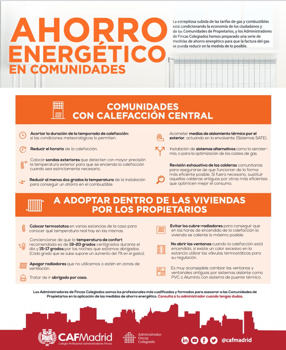 CAFMadrid's tweet photo. Ante la subida de las tarifas de gas y combustibles muchos ciudadanos y comunidades de propietarios están teniendo serios problemas para afrontar las facturas energéticas.
En CAFMadrid hemos preparado una infografía con medidas de ahorro que para reducirlas todo lo posible ⬇️ https://t.co/QDqSYj1PhZ