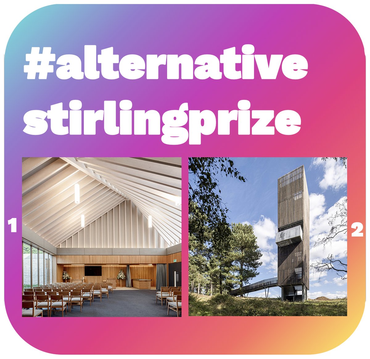 #AlternativeStirlingPrize Final two! VOTE NOW FOR A WINNER!!

[1] Guildford Crematorium by <a href="/haverstock_llp/">Haverstock</a>.
[2] Sutton Hoo by <a href="/NISSENRICHARDS/">Nissen Richards</a>
