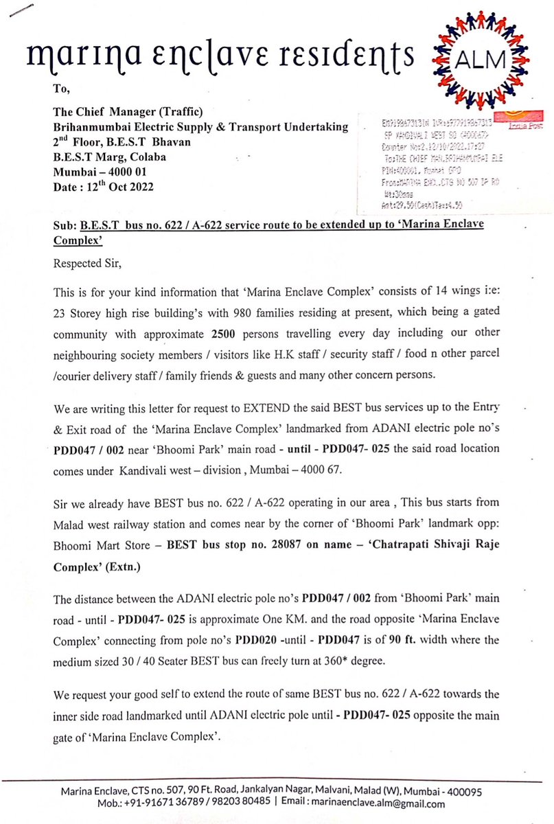 MarinaEnclave's tweet photo. Shri Lokesh Chandra, General Manager of @myBESTBus, @CPMumbaiPolice bringing your kind attention to extend the route of BEST Bus No. 622/622-A up to Marina Enclave Complex.

#MarinaEnclaveALM
#BESTbus https://t.co/jsPRYYKzvy