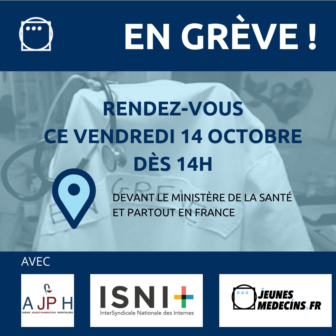 JeunesmedecinsF's tweet photo. Jeunes Médecins a déposé un préavis de #grève pour permettre à tous les praticiens de participer aux mobilisations qui auront lieu ces prochaines semaines, et notamment ce vendredi 14 octobre, à Paris, devant le Ministère de la Santé dès 14h. @Sante_Gouv @ISNItwit @AJPharmaHosp https://t.co/eRi9CpnkBq