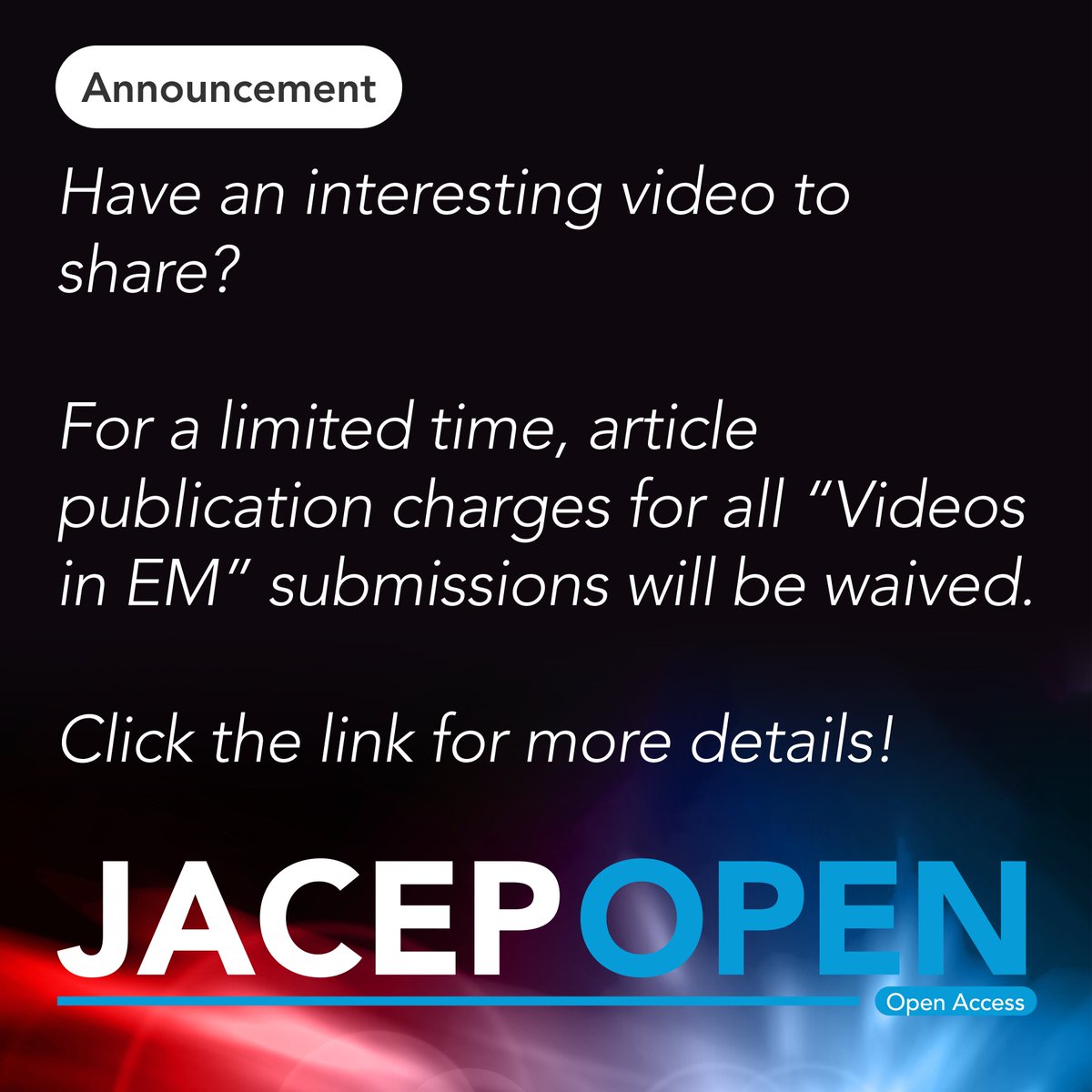 ATTENTION AUTHORS: For a limited time, article publication charges for all “Videos in EM” submissions will be WAIVED. Submit your videos NOW!! Learn more here: buff.ly/2EENOQc @EmergencyDocs, @ACEPNow, @WileyHealth, @wileyinresearch