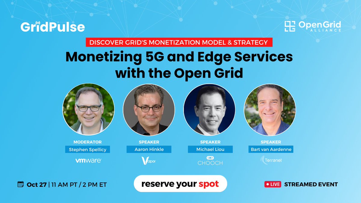 opengridallianc's tweet photo. Register now for this live-streamed event to discover the grid’s monetization model and strategy. 

GridPulse: Monetizing 5G and Edge Services with the Open Grid | Thursday, Oct. 27th | 11AM PT / 2PM ET
Link: https://t.co/D14OZpe6j5

#GridPulse #Webinar #opengridalliance #oga #5G https://t.co/z1Xez0sMSS