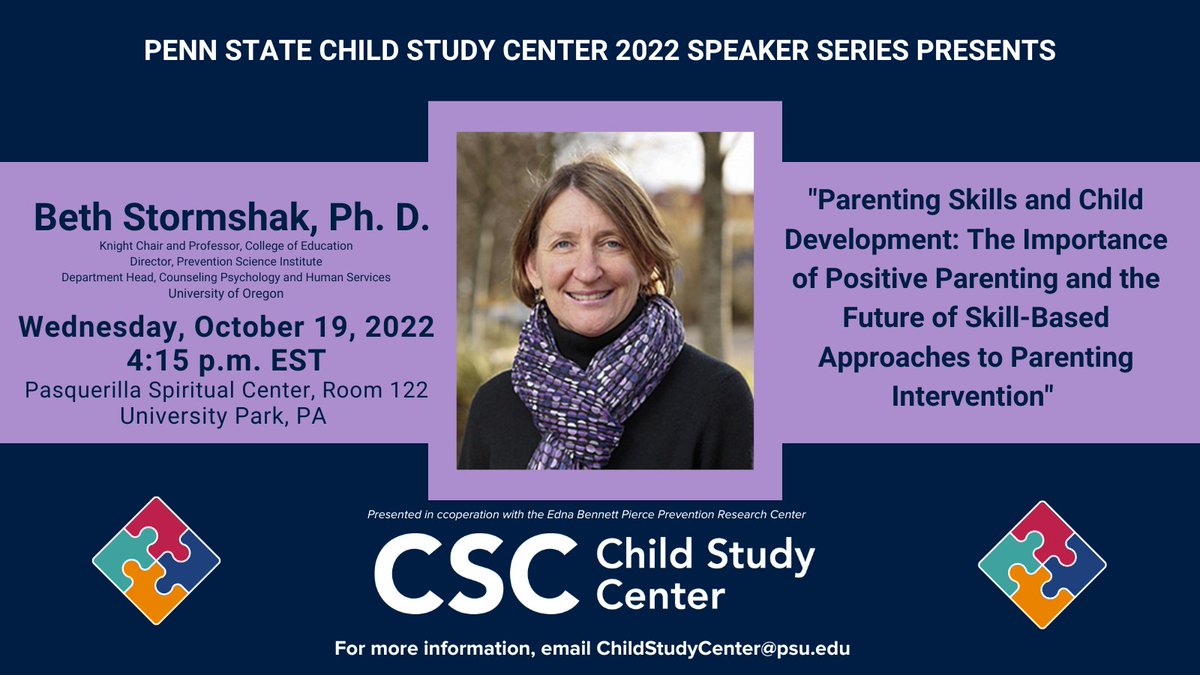 One week from today, Dr. Beth Stormshak will be on the PSU University Park campus. Please plan to attend! @bstorm_beth @PSUPsychology @PSULiberalArts #developmentalpsychology #childdevelopment #parentingskills