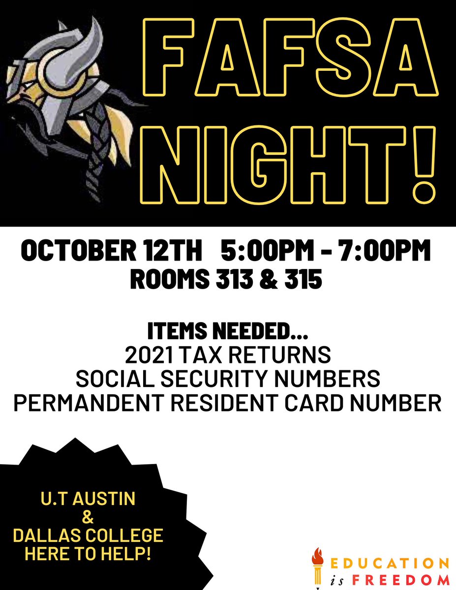 EIF_Pinkston's tweet photo. FAFSA NIGHT is finally here Vikings!!!
Come see us today from 5pm-7pm Room 313 &amp; 315.
 Let's get this money!!!!! https://t.co/czKi0qDxQo