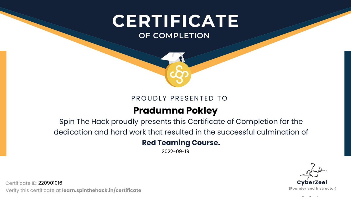 HangMan6699's tweet photo. Best Moment for achieving my first steps towards Goal was made possible by #spinthehack conducted by @thecyberzeel Sir . My devloped perspective towards Red Team functionality that lead me best way to case study Solarwinds hack and gained 100/100 ratings. #infosec #bugbounty https://t.co/bjumvYAnTS