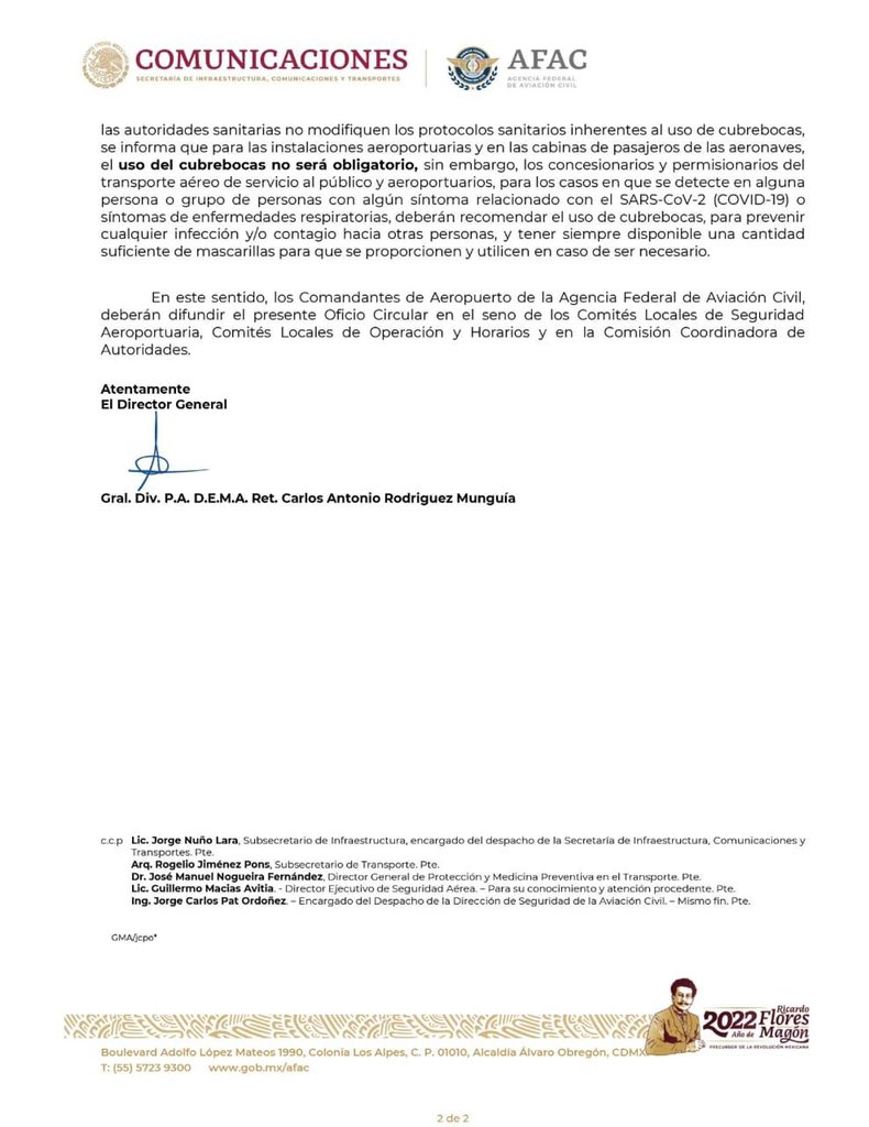 Se elimina la obligatoriedad sobre el uso de cubrebocas en aeropuertos y aeronaves; inf oficial de la @SCT_mx y de <a href="/AFAC_mx/">AFAC</a>
