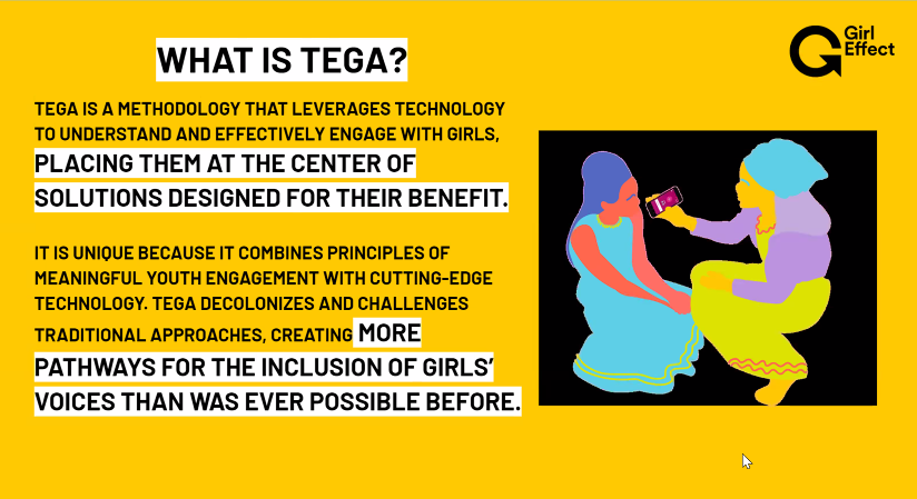 YTHorg's tweet photo. TEGA (tech-enabled girl ambassadors) methodology combines the principles of #youthengagement with cutting-edge #tech. Powerful stuff from @girleffect at #YTHLiveGlobal2022 #ythlive #ythlive2022 https://t.co/z95OQiqX2s