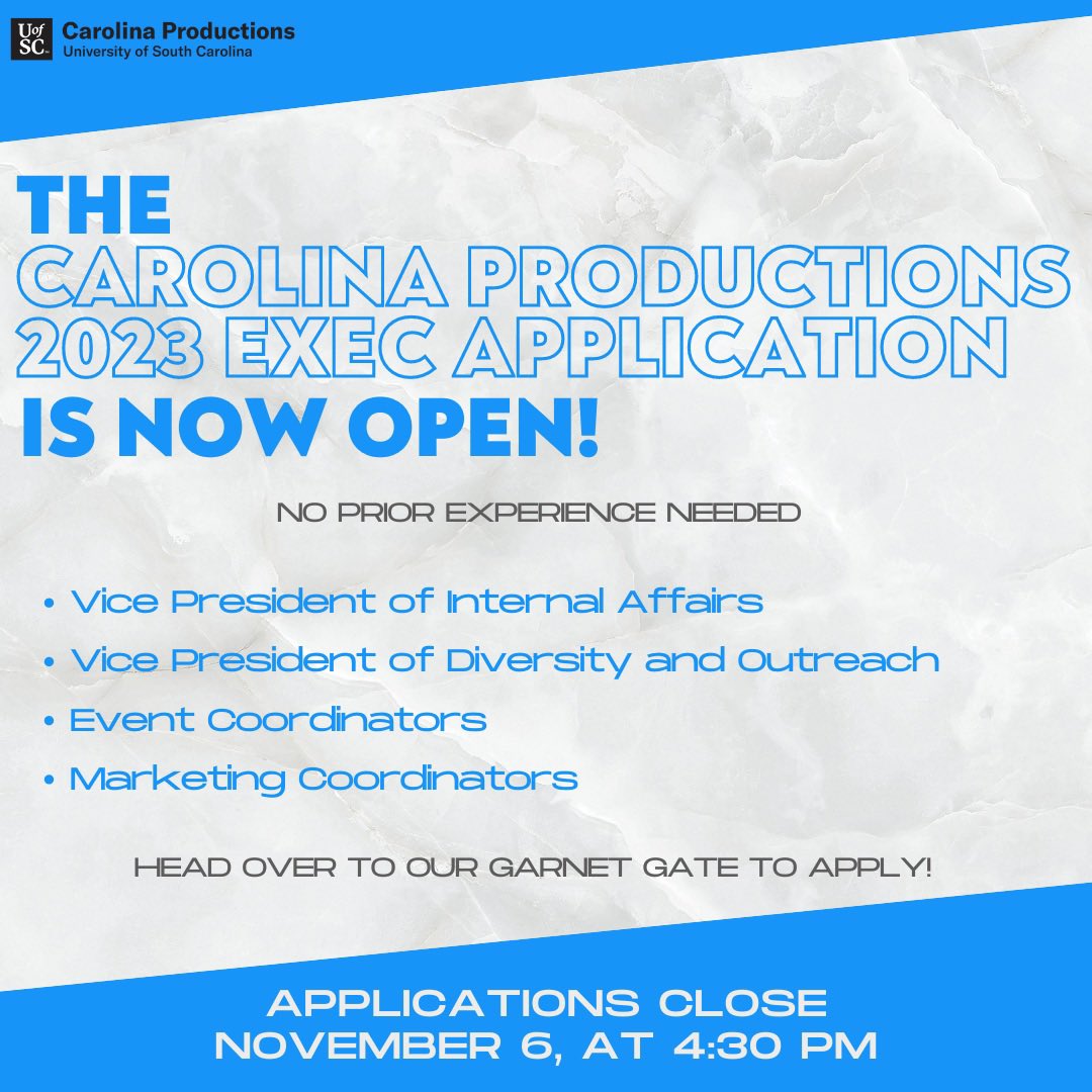 Interested in gaining leadership experience?
:
Carolina Productions Exec Board application is now open
on Carolina Productions Garnet Gate!