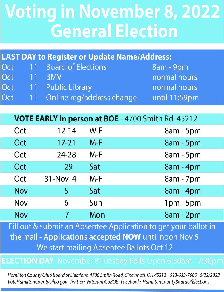Early voting in Ohio has started! My slate mates and I rallied at the Hamilton County Board of Elections bright and early this morning before voting began. Vote early anytime listed on the schedule below!