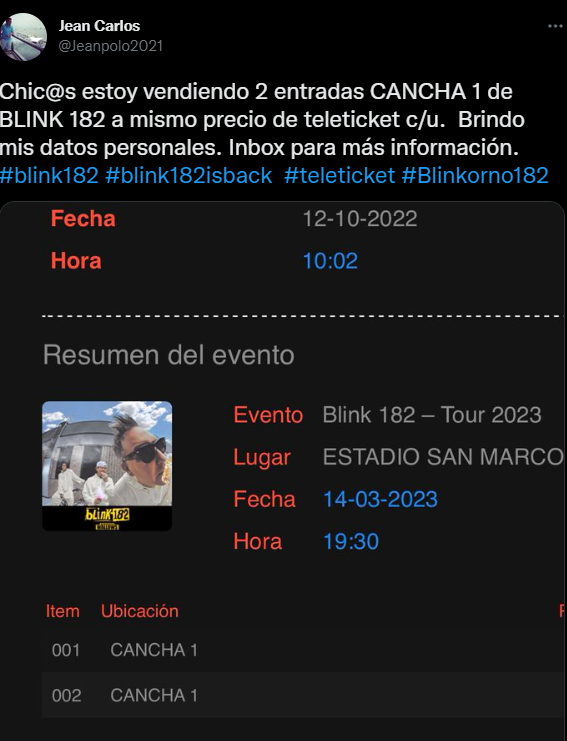 iamkathwallisch's tweet photo. Tengan cuidado con este sujeto : ES UN ESTAFADOR!!
tiene denuncias en FB por otras entradas #blink182 #teleticket #paramore #mistki
https://t.co/w6jq45Inki https://t.co/q8ojgbZ9Mk
