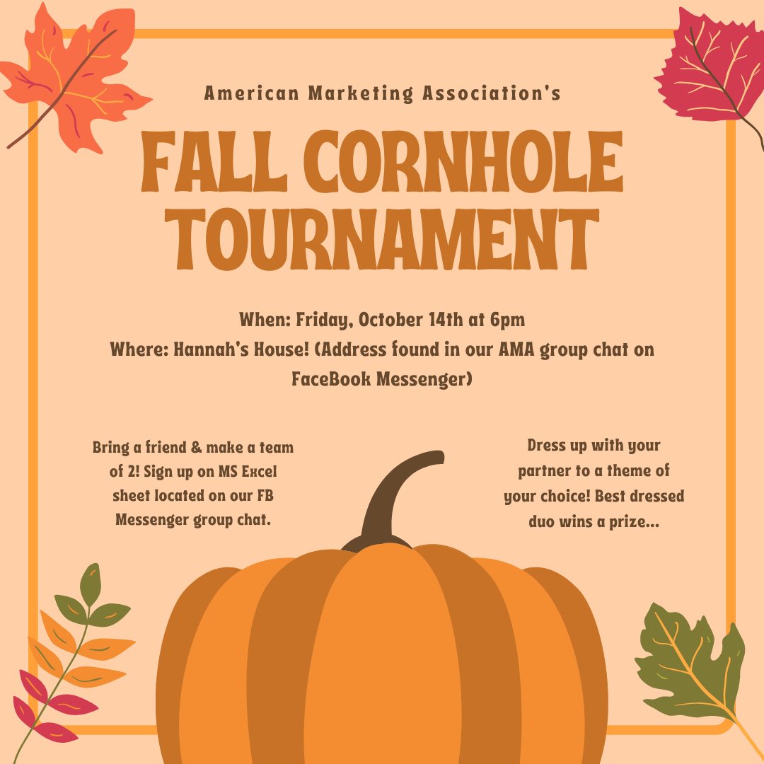 Come to our 1st Annual Cornhole Tournament happening this Friday!🍁 

Bring a friend &amp; make a team of two…Also, dress up with your partner with a theme of your choice (the best dressed duo wins a prize🤫)

#ama #marketing #uwec #fallsocial