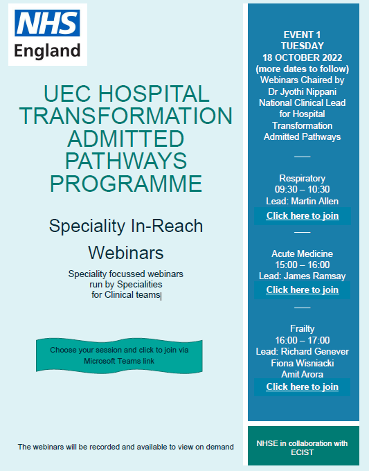 UEC Hospital Transformation Admitted Pathways Programme - Specialty In-reach Webinars Tuesday 18th October, chaired by @Jyothinippani Follow link to download flyer and embedded Teams link future.nhs.uk/ECISTnetwork/v…