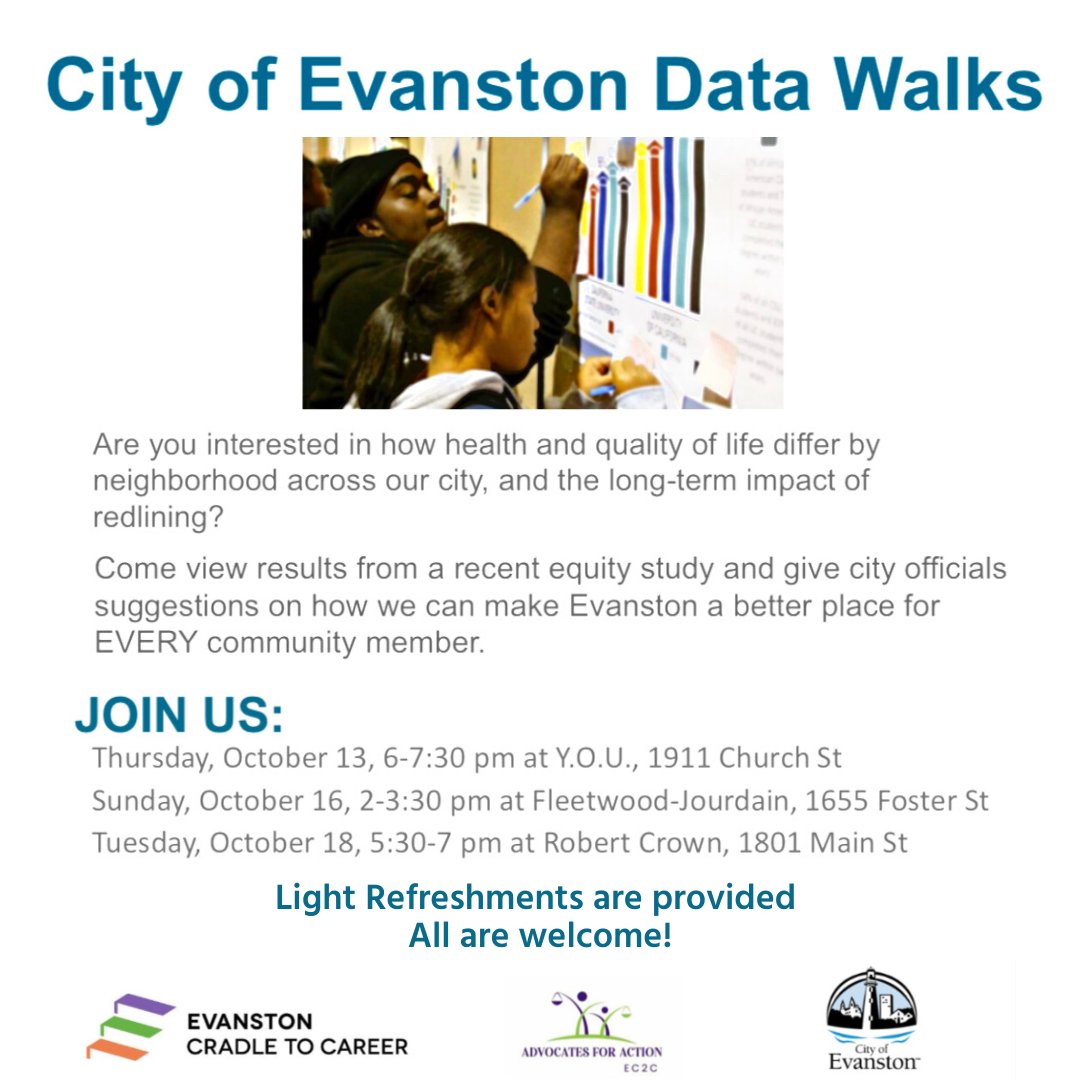In partnership with <a href="/CityofEvanston/">City of Evanston</a> and our @advocatesforaction, this Thursday EC2C will continuing our 'City Of Evanston Data Walk'! 

We invite our community to come learn about the disparities within our city, and participate in the conversation to help combat these issues.