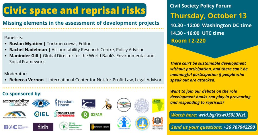 Great panel tomorrow on what development banks can do to stop reprisals, and how they can act when civic space is restricted. 10.30 EST/14.30 UTC - watch: wrld.bg/VswU50L3NzL, send questions: +36 707942290