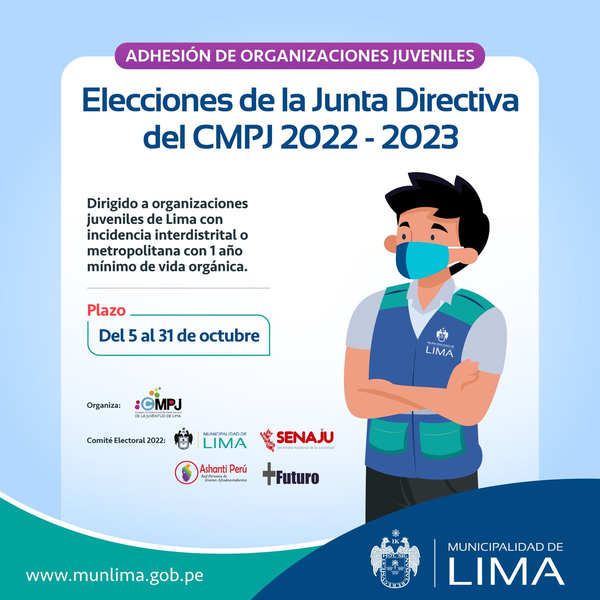 📢¡Atención, Lima! Participa en las elecciones del Consejo Metropolitano de Participación de la Juventud (<a href="/CMPJdeLima/">CMPJ de Lima</a>) y elige a las y los representantes de la Junta Directiva 2022-2023.

👉Reglamento: bit.ly/3LKQWf0 
👉Más información en: bit.ly/3DUputn