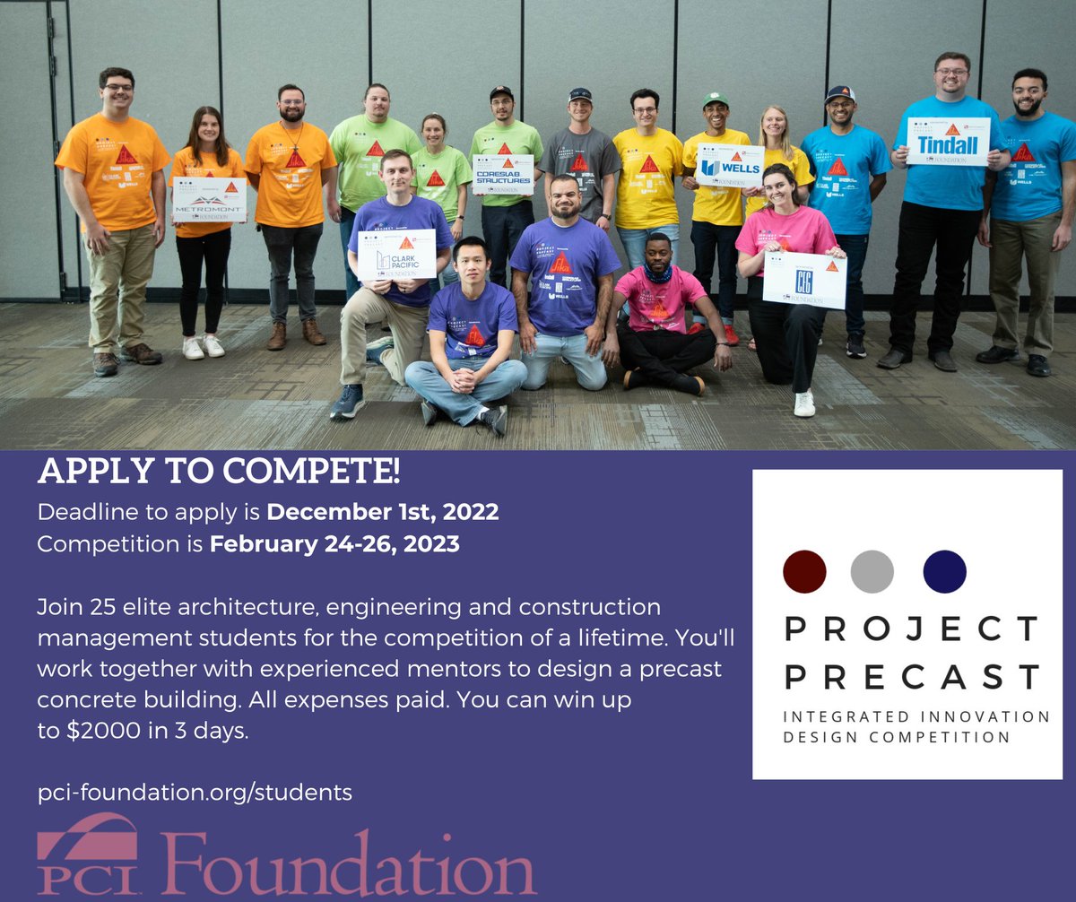 PCIFoundation's tweet photo. Apply for Project Precast before December 1, 2022! This is one of the most exciting programs the PCI Foundation hosts. #learnprecast #pciprecast #howprecastbuilds #architecturestudents #engineeringstudents #CMstudents #CIMstudents https://t.co/F0JjIl0Pcr https://t.co/w4rCzj7HtF