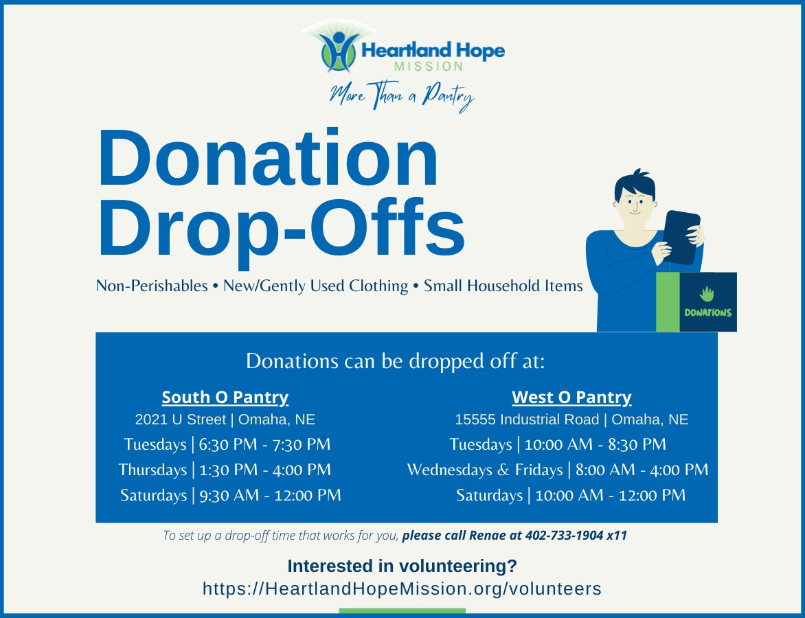 Great news! We've expanded our drop-off hours in West Omaha to make it easier for you! 

Interested in helping families this Christmas season? Learn about our Adopt-A-Family program and shop for children's wish-lists! Sign up to ADOPT or DONATE online: heartlandhopemission.org/christmas