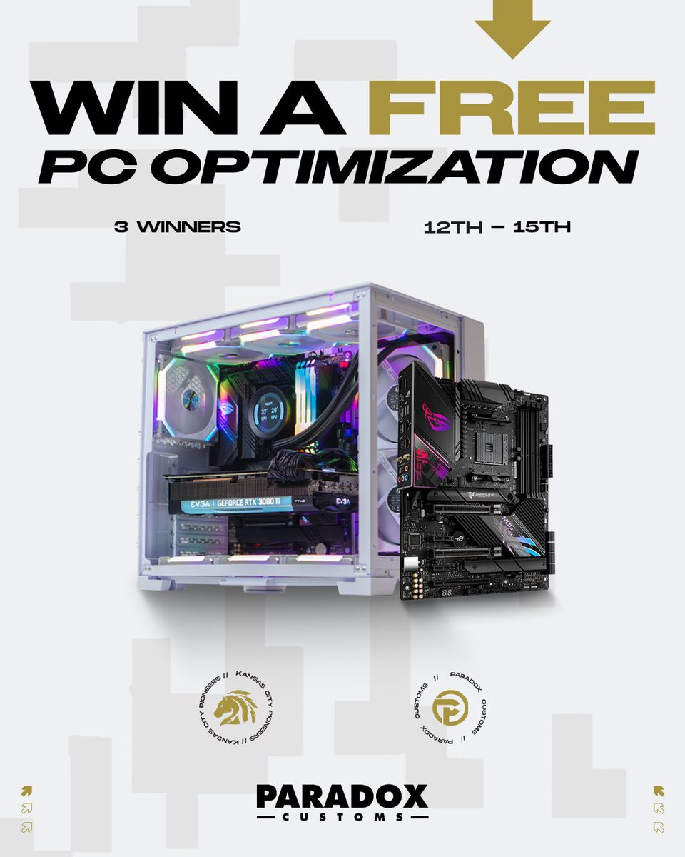 Choppy framerate? Slow load times? No need to fret!

Win a FREE PC Optimization from Paradox Customs!

HOW TO ENTER:
- Follow <a href="/Brparadox/">Paradox Customs</a> &amp; <a href="/PioneersGG/">Pioneers</a> 
- Retweet this post
- Comment your PC Specs

✅ 3 Winners Selected October 15th