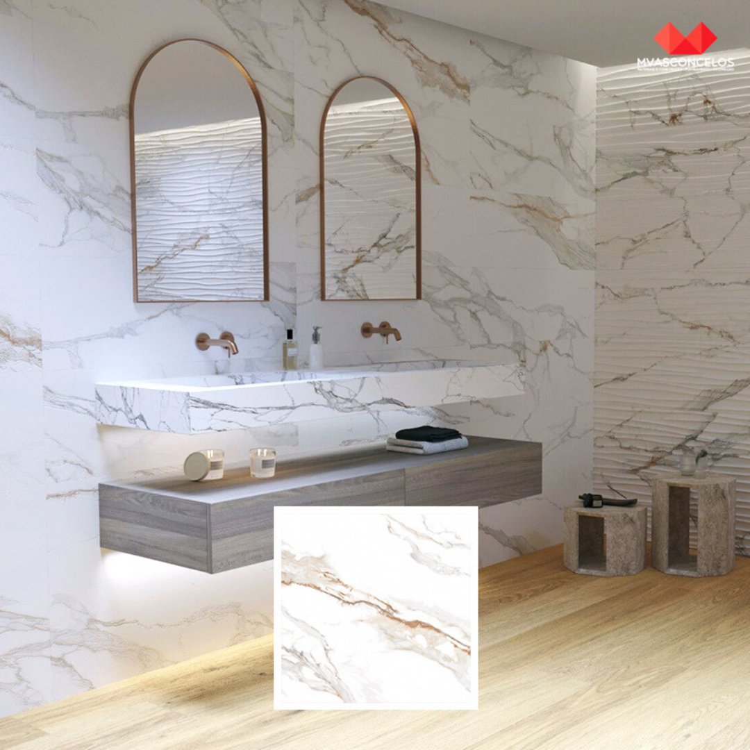 mvasconceloslda's tweet photo. Inspirado no exclusivo mármore italiano Calacatta Macchia Vecchia, o seu design em mármore branco, raiado, destaca-se pelo toque de caramelo nos veios, conferindo-lhe personalidade e distinção. 

Sinta a casa.

#decoração #habitação #interiores #casa #ceramica #banho #arquitetura https://t.co/osK5KlOJxe