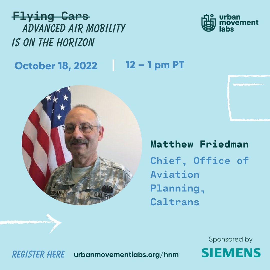 🌟 Speaker Spotlight 🌟 

Matthew Friedman, Chief, Office of Aviation Planning <a href="/CaltransHQ/">Caltrans HQ</a>, will be a speaker at our next #HumansOfNewMobility virtual workshop. His team promotes active transportation, equity, and safety around airports. 

Register here: zoom.us/webinar/regist…
