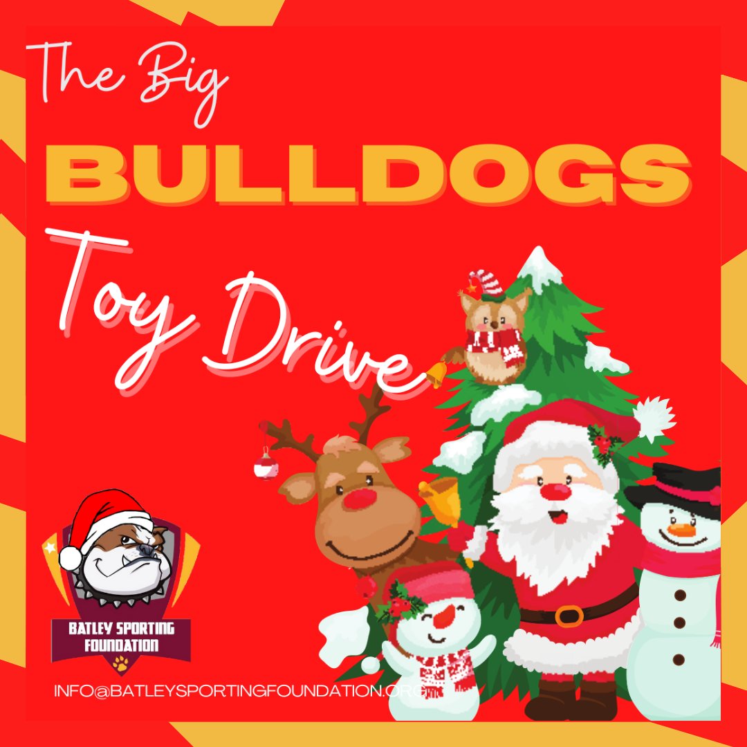 🎄 𝗧𝗵𝗲 𝗕𝗶𝗴 𝗕𝘂𝗹𝗹𝗱𝗼𝗴𝘀 𝗧𝗼𝘆 𝗗𝗿𝗶𝘃𝗲
We are excited to run our Toy Drive campaign this Christmas!

We will be taking donations of new toys or donations via PayPal: 👇 bit.ly/3g5chnL

Want to donate a toy? please email: info@batleysportingfoundation.org