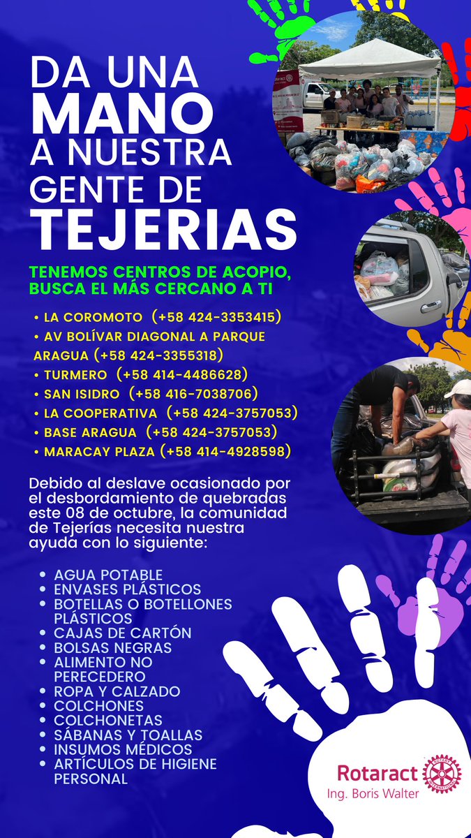 RotaractMaracay's tweet photo. Tendremos varios centros de acopio el resto de la semana, comunícate con el que se te haga más fácil #Aragua #tejerias #TejeriasSOS https://t.co/V74ouEA1Cf