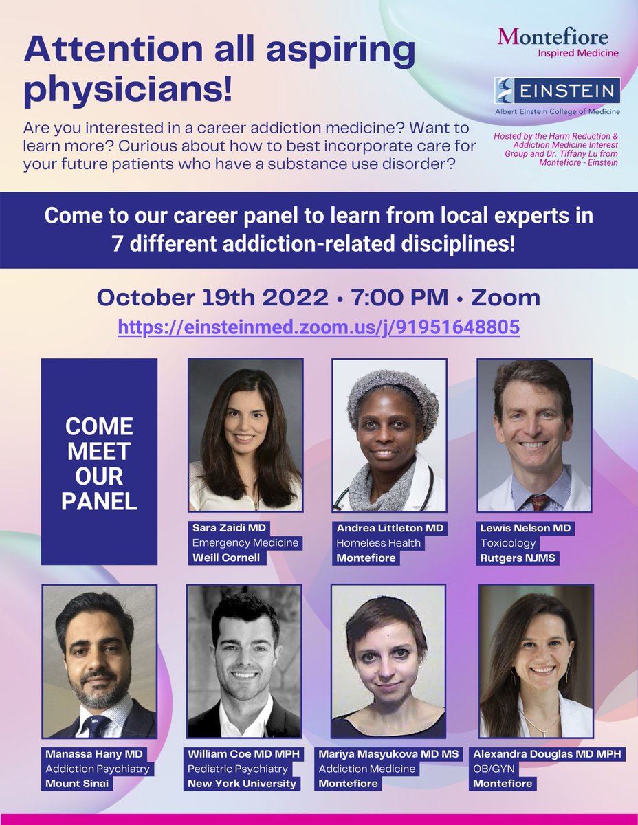 Kelly Clemenza (@kellyclemenza) on Twitter photo ATTENTION ASPIRING PHYSICIANS & scientists interested in clinical care of SUDs! We at EMHRAM are holding an Addiction Med career panel 10/19/22 @ 7 PM >> tiny.one/HRAM-Panel-Zoom with <a href="/LNelsonMD/">Lewis Nelson</a> <a href="/sarazaiMD/">Sara R. Zaidi</a> <a href="/ManassaHany/">Manassa Hany,MD</a> <a href="/WilliamCoeMD/">William Coe, MD, MPH</a> <a href="/m_masyuko/">Mariya M 💙💛</a> et al! RSVP: tiny.one/HRAM-Panel-RSVP ATTENTION ASPIRING PHYSICIANS & scientists interested in clinical care of SUDs! We at EMHRAM are holding an Addiction Med career panel 10/19/22 @ 7 PM >> tiny.one/HRAM-Panel-Zoom with <a href="/LNelsonMD/">Lewis Nelson</a> <a href="/sarazaiMD/">Sara R. Zaidi</a> <a href="/ManassaHany/">Manassa Hany,MD</a> <a href="/WilliamCoeMD/">William Coe, MD, MPH</a> <a href="/m_masyuko/">Mariya M 💙💛</a> et al! RSVP: tiny.one/HRAM-Panel-RSVP