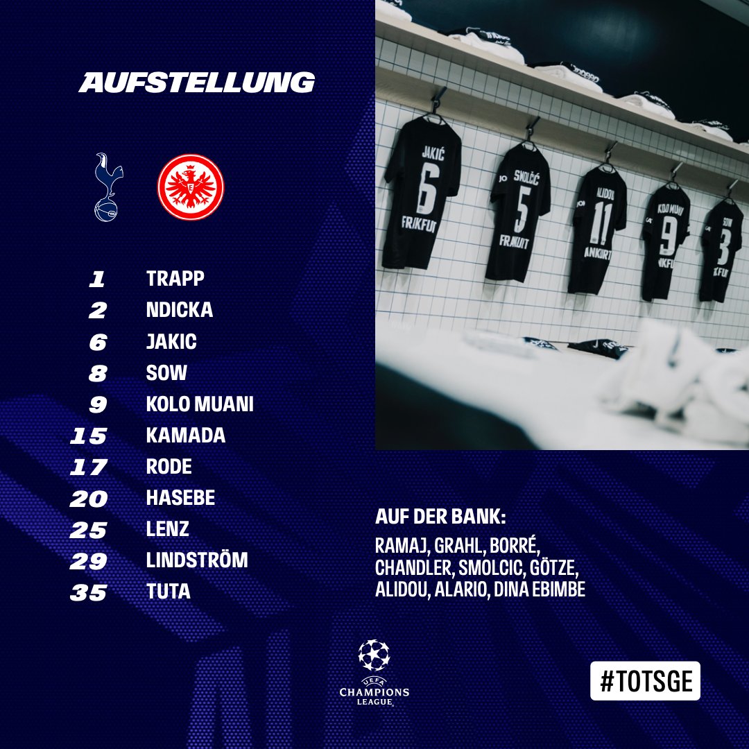 Eintracht's tweet photo. Unsere Startelf! 👇🌟  
#SGEuropa | #UCL | #TOTSGE https://t.co/n7BFR3Pl5L