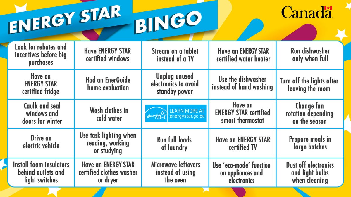 ENERGYSTAR_CAN's tweet image. To celebrate #ENERGYSTARDay, we have a bingo card to test your efficiency knowledge. Check it out, play and show us your results! 
Can't wait to see how you do!