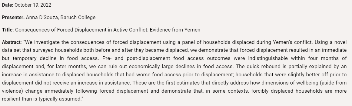 JeffBloem's tweet photo. Thank you to @mjodlow for presenting in the #OARES earlier today. 

Join us next week, Wednesday, October 19 as we host Anna D'Souza who will be presenting on forced displacement and food access in the context of Yemen. 

More information here: https://t.co/0HWlSIgqUr https://t.co/xdVA20KzgF