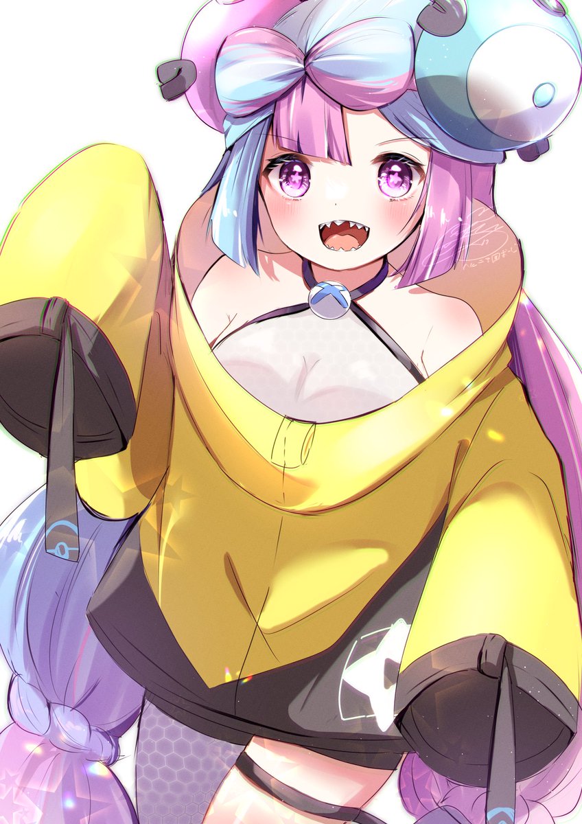 iono (pokemon) 1girl yellow jacket character hair ornament jacket teeth sharp teeth solo  illustration images