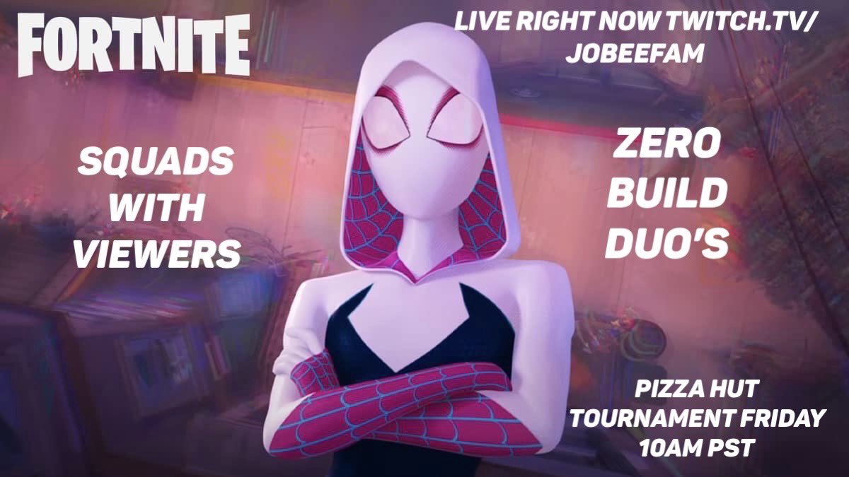 MsTJones87's tweet photo. Live right now playing #Fortnite go check out @JOBEEFAM while they practice for the @pizzahutgaming tournament this coming Friday at 10am PST! Go show them some #JonesFam love show the #JobeeFam how we do over at https://t.co/0RXbtnwTWy! https://t.co/gjGwGSg1Xi