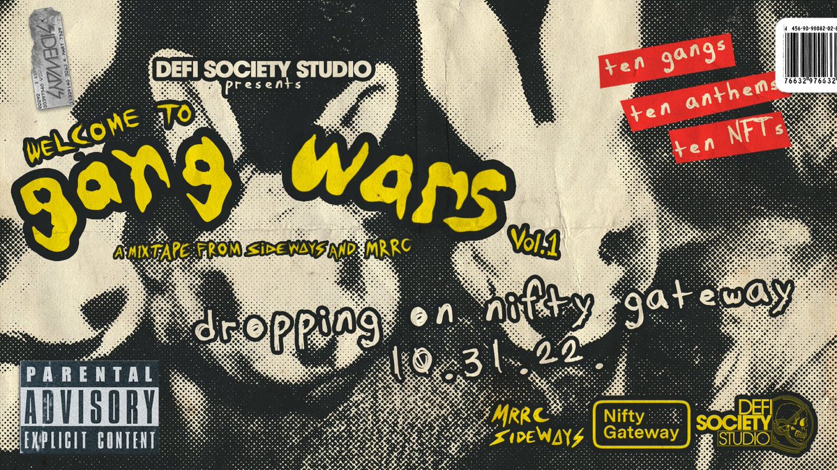 A year ago the #MRRC exploded onto the scene and we’ve been rioting ever since. Today we’re excited to embark on this wild and savage journey with <a href="/daosideways/">sidewaysDAO 👉</a>. 

Can't wait for you to hear.

Welcome to Gang Wars - A web3 mixtape from sideways &amp; MRRC drops on <a href="/niftygateway/">Nifty Gateway Studio</a> 10.31