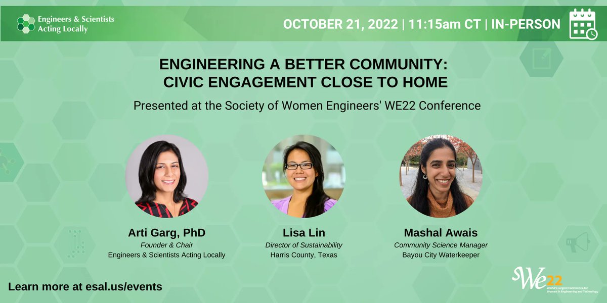 ESAL_us's tweet photo. Are you attending @SWEtalk's #WE22 in Houston? Join ESAL founder Arti Garg with other scientists who #EngageLocal for a panel on civic engagement.
The panel will be 11:15 AM CT on October 21.
Add it to your conference schedule here! https://t.co/1KwUY89vOl https://t.co/iLsc0zZrne