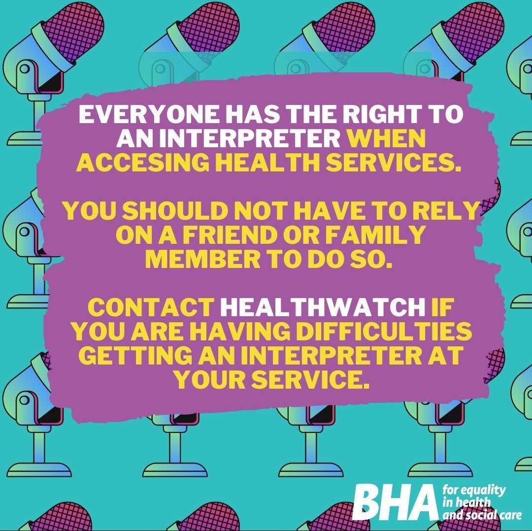 the_BHA's tweet photo. If you are having difficulties accessing interpreters at your service contact @healthwatchengland to advocate on your behalf.
@gmpash
@pashinliverpool
@bhawakefield
@bhaleedsskyline
#GreaterManchester #sexualhealth #breakingbarriers #sortHIV #HIV #HIVAwareness #HIVPrevention https://t.co/9ifIJtti38