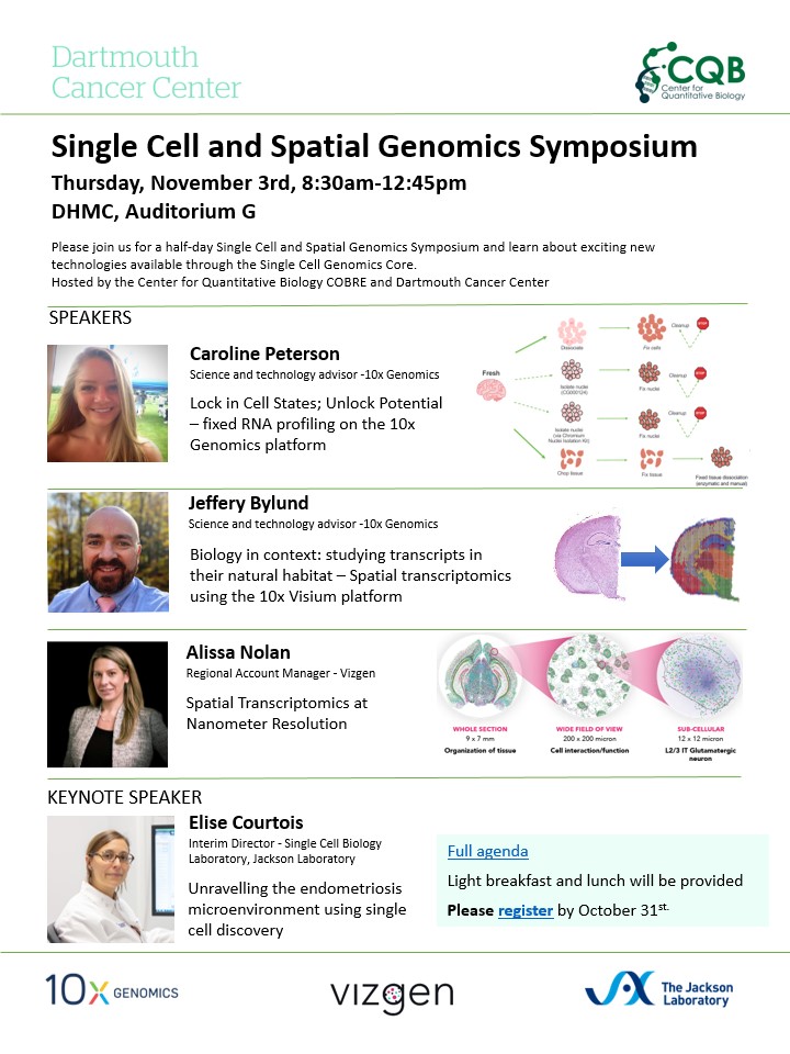 Learn about exciting new technologies available through the Single Cell Genomics core at our half-day Single Cell and Spatial Genomics Symposium! Nov.3, 8:30-12:45pm.
sites.dartmouth.edu/cqb/calendar_e…