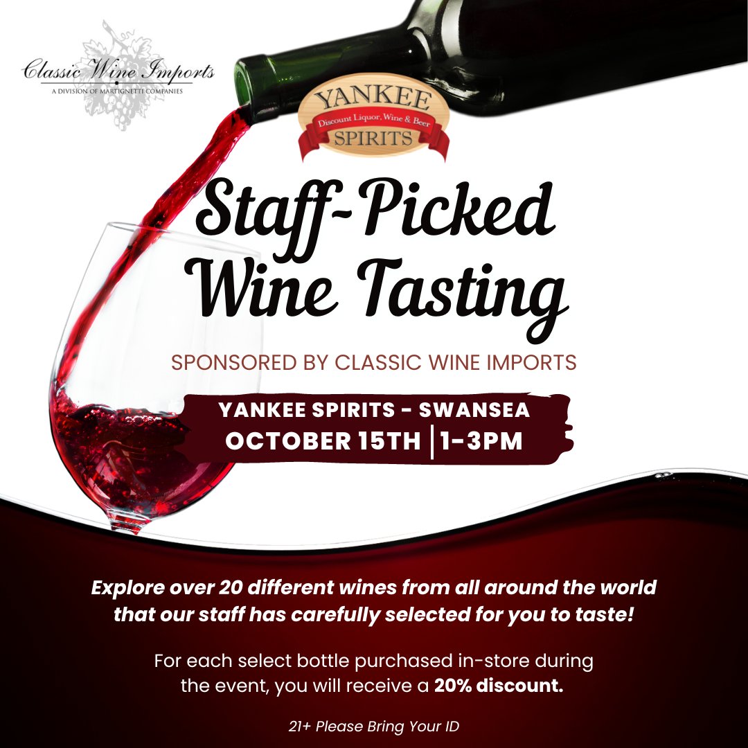 YankeeSpirits's tweet photo. If you love wine, you won't want to miss our staff-picked wine tasting event on October 15th from 1-3pm! Every carefully selected staff-picked bottle you purchase during the event will receive a 20% discount.

#staffpicked #wine #tasting #event #winetasting #liquor #alcohol https://t.co/VSJq38JSGW