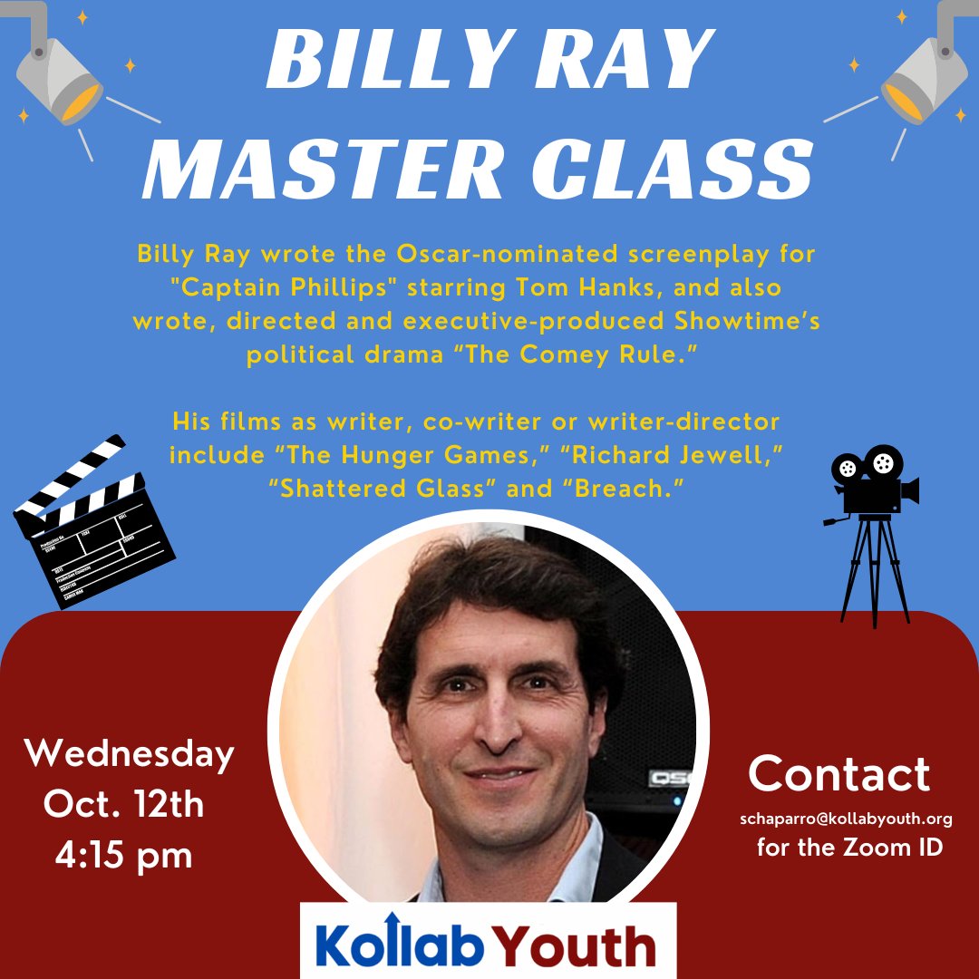 KollabYouth's tweet photo. We have an awesome Master Class presenter today. Learn more about the entertainment industry with Hollywood professional, Billy Ray! 
Email schaparro@kollabyouth.org for the Zoom ID! Open to past and present Kollab Youth members! 
#KollabYouth #KollabProgram #WorkforceDevelopment https://t.co/1Q9LwHWmlJ